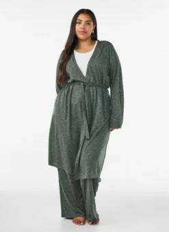 Lange Jersey-Strickjacke mit Bindegürtel
