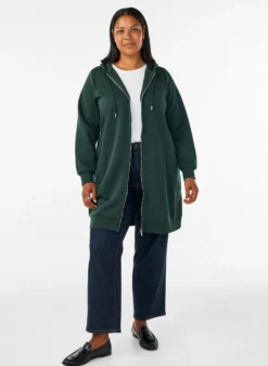 Langer Hoodie mit Reißverschluss und Taschen