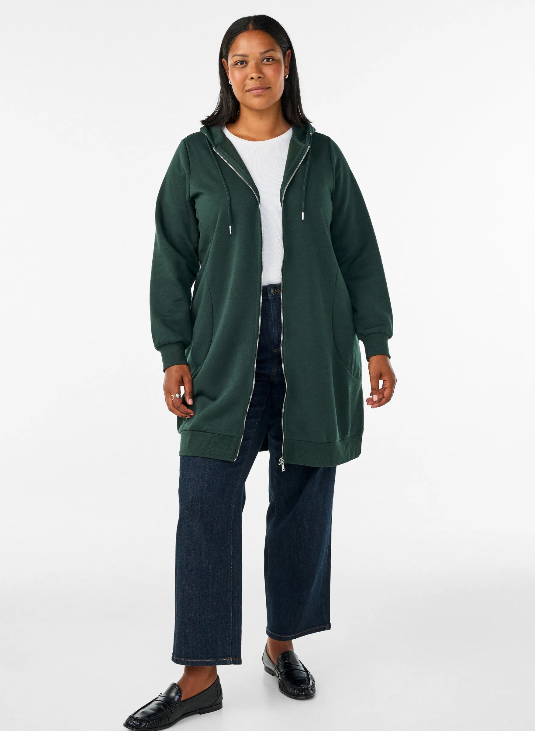 Langer Hoodie mit Reißverschluss und Taschen