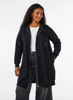 Langer Hoodie mit Reißverschluss und Taschen