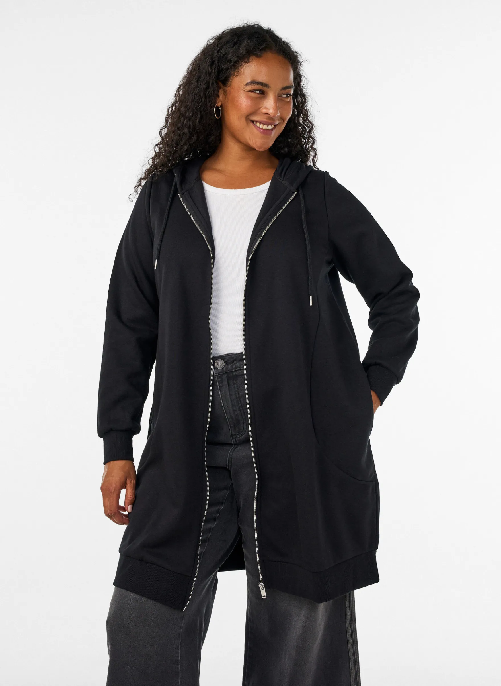 Langer Hoodie mit Reißverschluss und Taschen