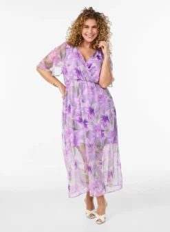 Langes Chiffonkleid mit geblümtem Print und kurzen Ärmeln
