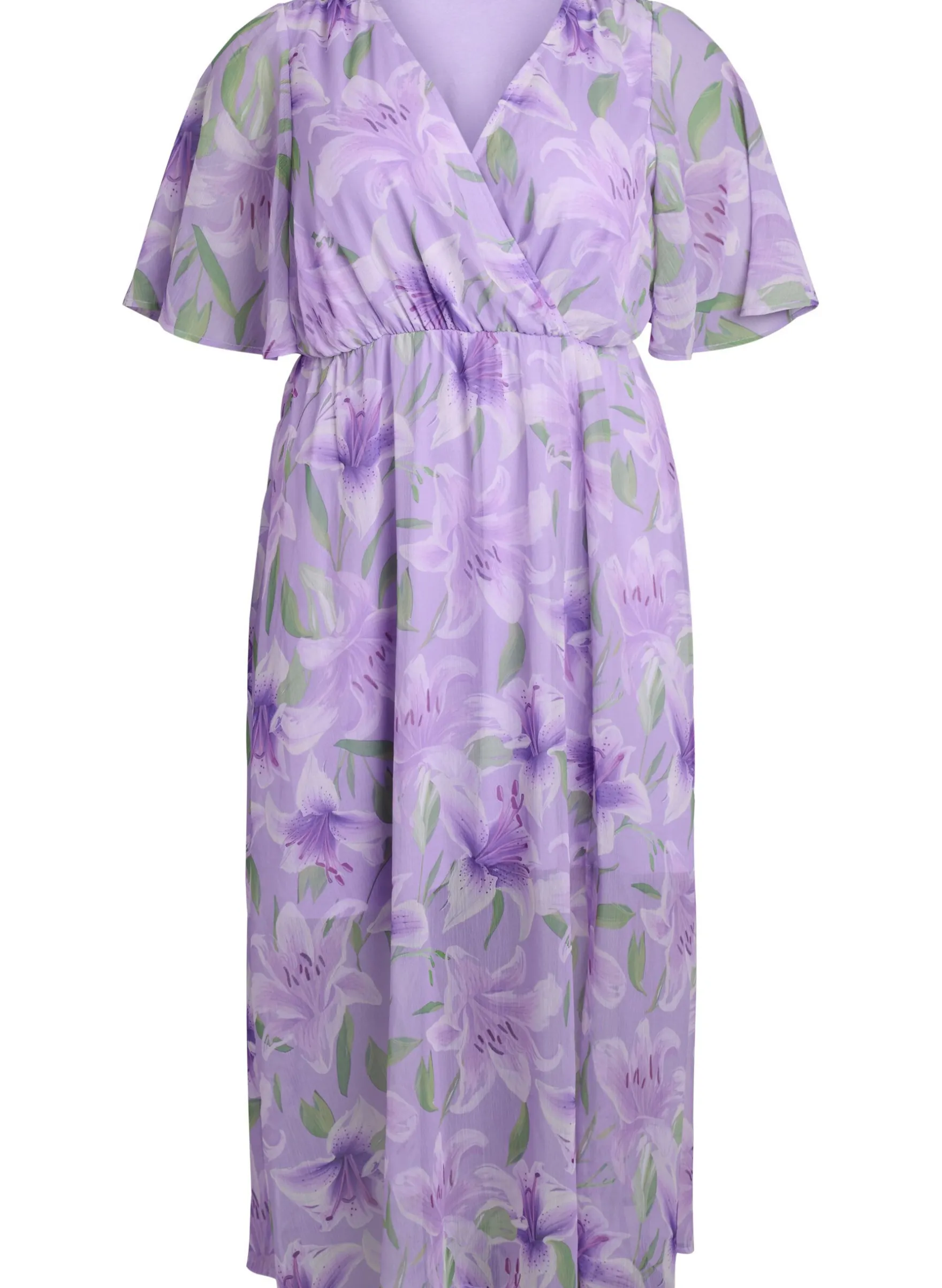 Langes Chiffonkleid mit geblümtem Print und kurzen Ärmeln