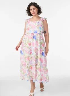 Langes geblümtes Kleid aus Lyocell mit Rüschen