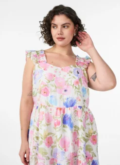 Langes geblümtes Kleid aus Lyocell mit Rüschen