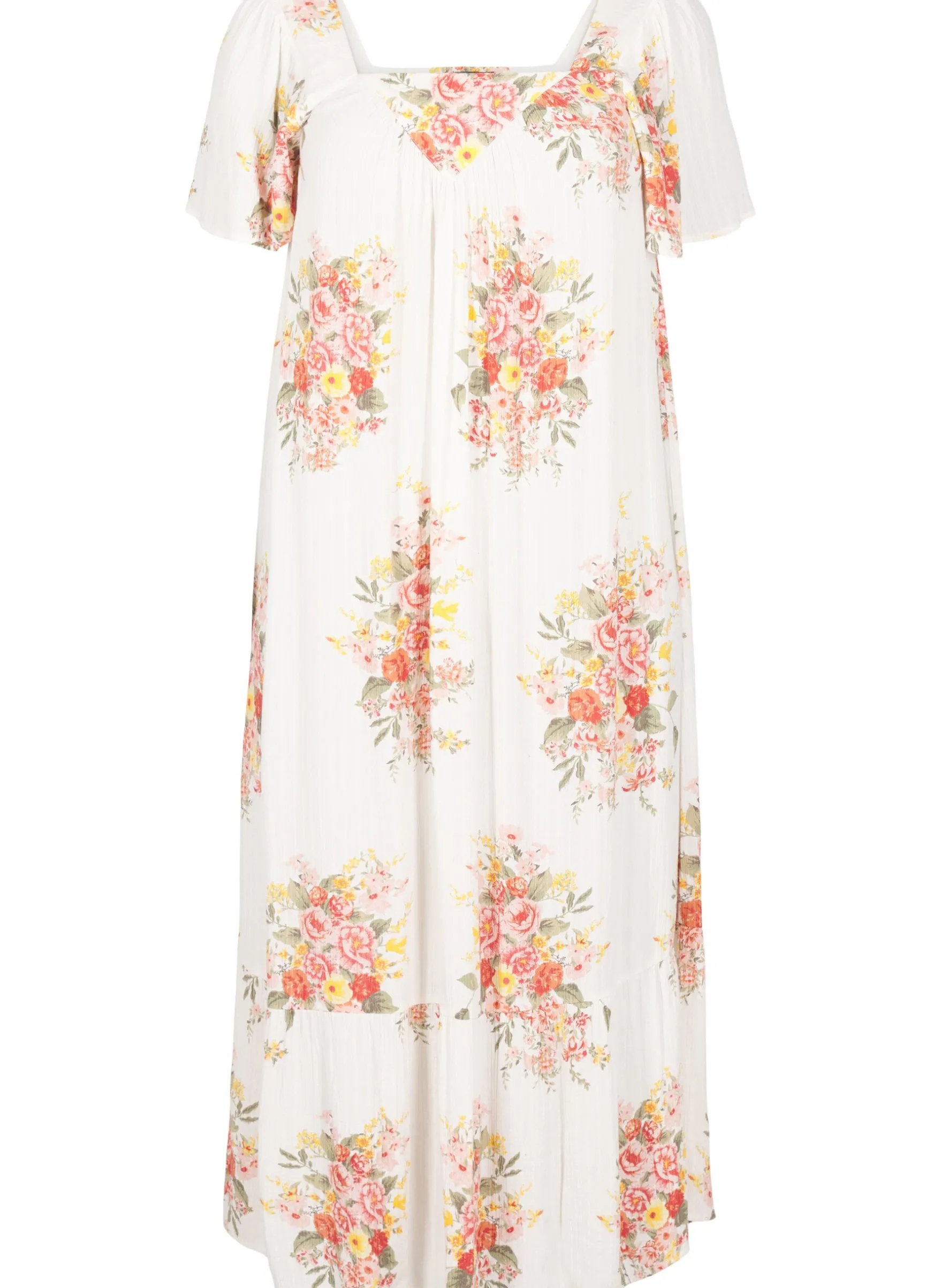 Langes Kleid mit eckigem Ausschnitt und floralen Mustern