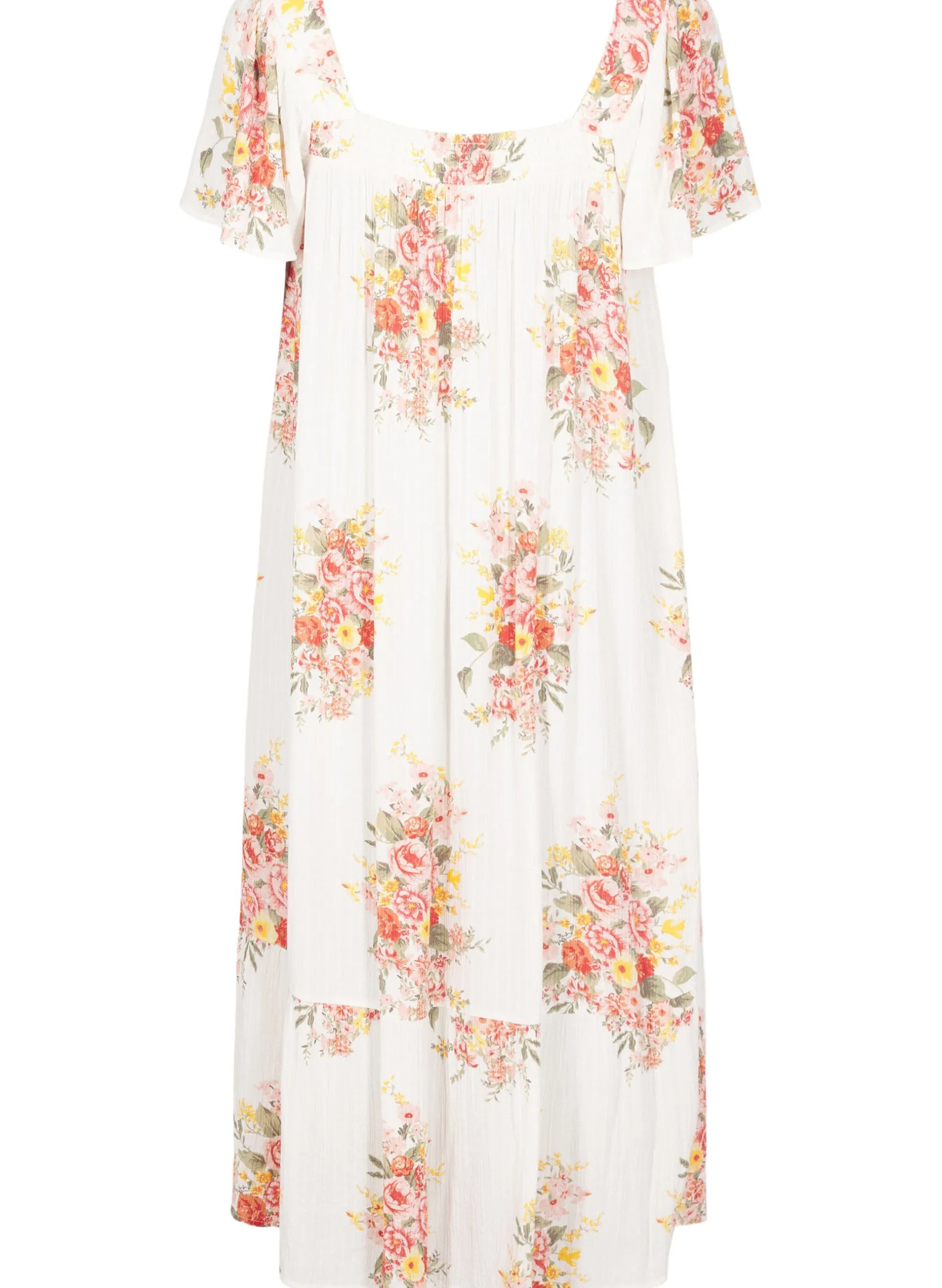 Langes Kleid mit eckigem Ausschnitt und floralen Mustern