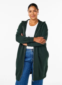 Lange Sweatjacke aus Baumwolle mit Kapuze