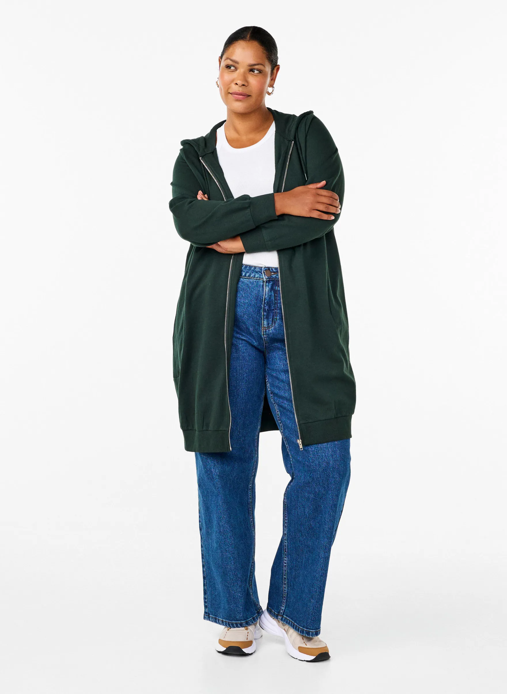 Lange Sweatjacke aus Baumwolle mit Kapuze