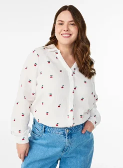 Langärmelige Bluse aus Baumwoll-Musselin mit bestickten Motiven