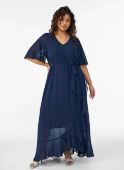 Maxikleid aus Chiffon mit V-Ausschnitt und Rüschensaum