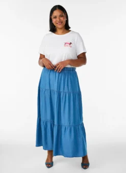 Maxirock aus Denim mit Rüschen