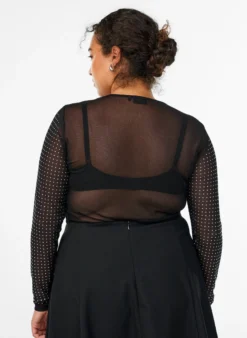 Meshbluse mit Strasssteinen und langen Ärmeln
