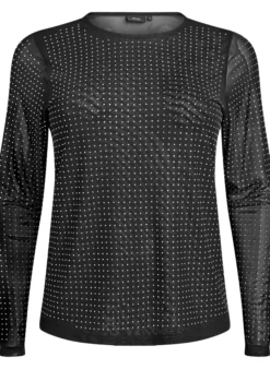 Meshbluse mit Strasssteinen und langen Ärmeln
