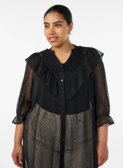 Midikleid aus einem leichten, transparenten Stoff mit Punkten und Rüschen