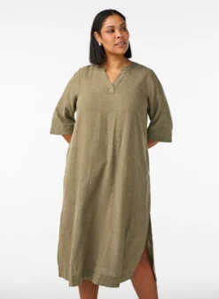 Midikleid aus Leinen und Viskose mit 1/2-Ärmeln