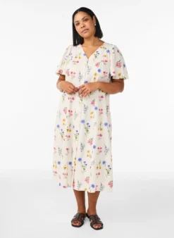 Midikleid aus Leinen und Viskose mit Rüschenärmeln