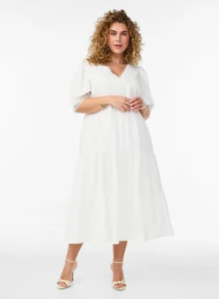 Midikleid aus strukturierter Baumwolle mit Häkeldetails