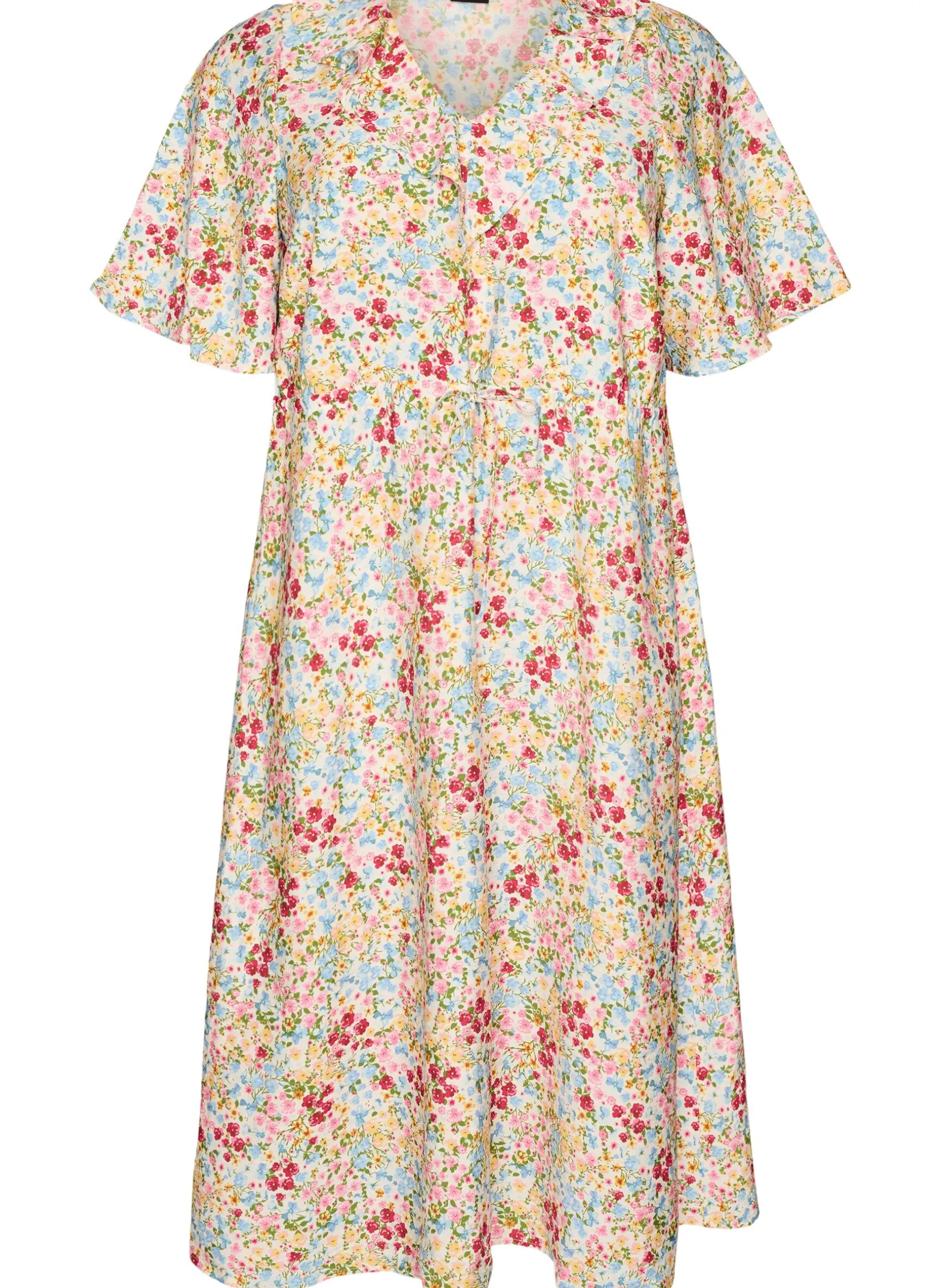 Midikleid aus Viskose mit geblümtem Muster und Rüschenkragen