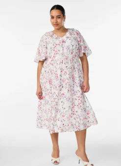 Midikleid aus Viskose mit geblümtem Muster und Rüschenkragen