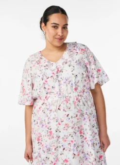 Midikleid aus Viskose mit geblümtem Muster und Rüschenkragen