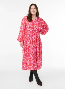 Midikleid mit buntem Blättermuster