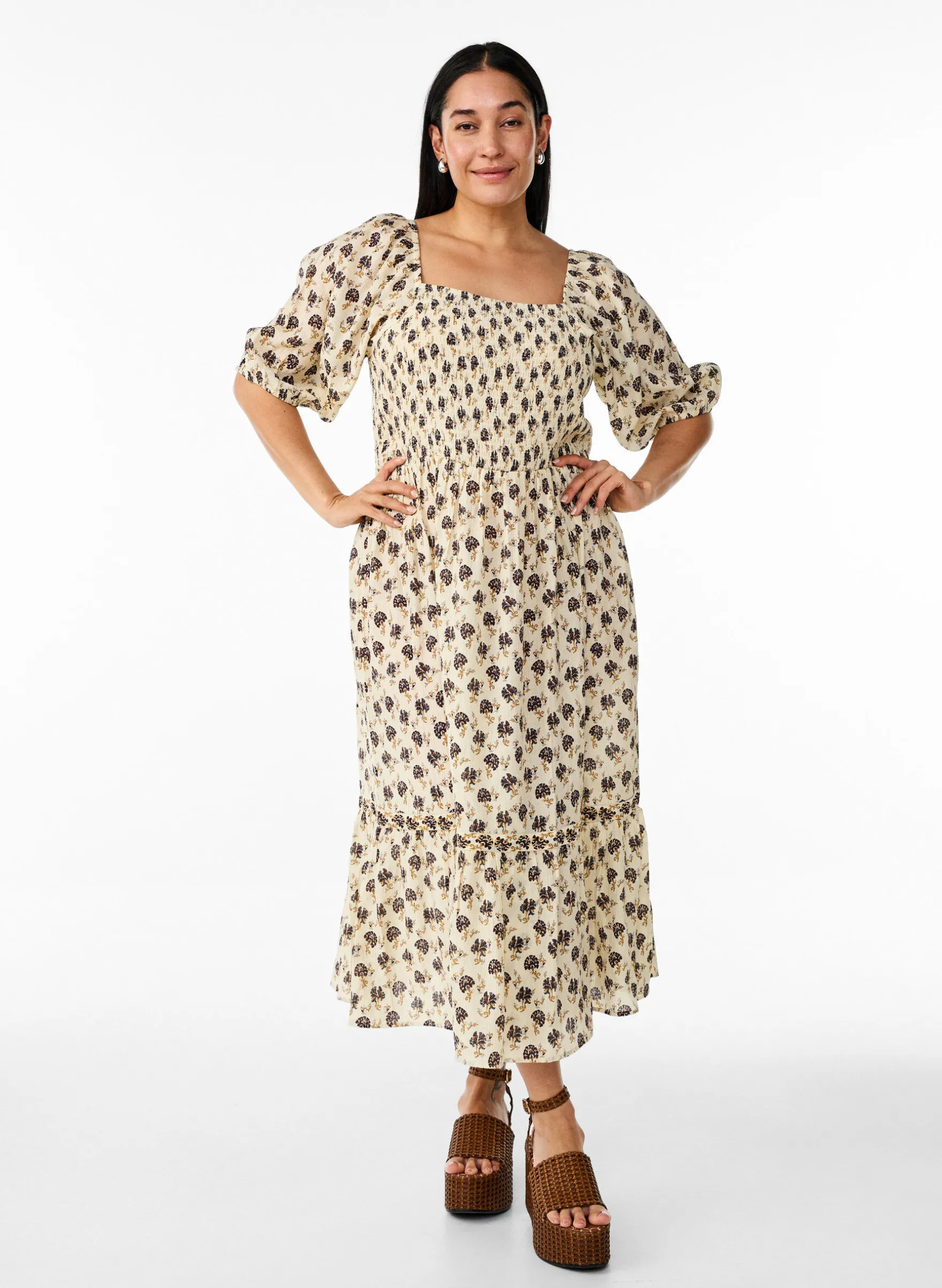 Midikleid mit Print und Smokdetails