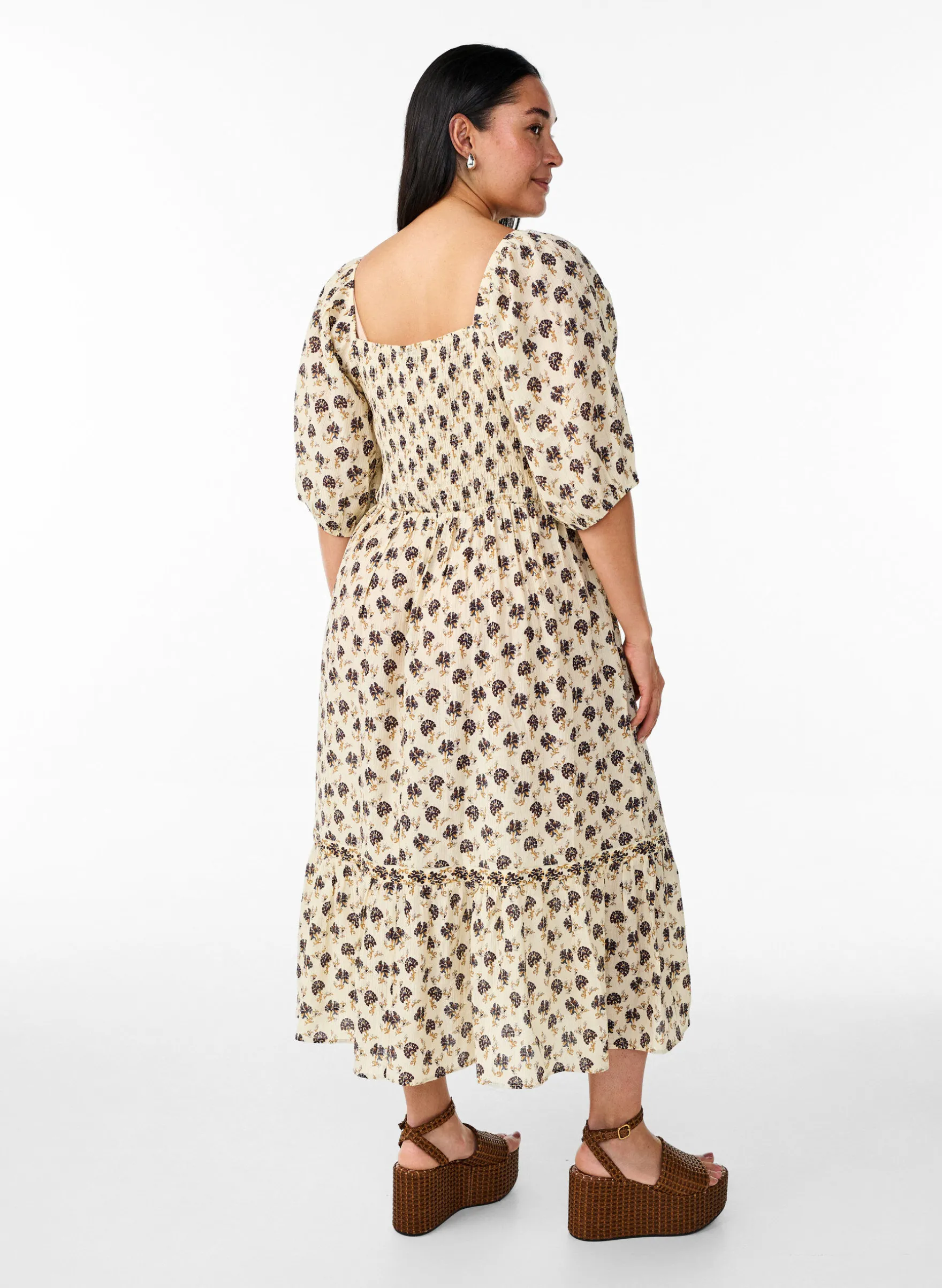 Midikleid mit Print und Smokdetails