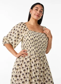 Midikleid mit Print und Smokdetails