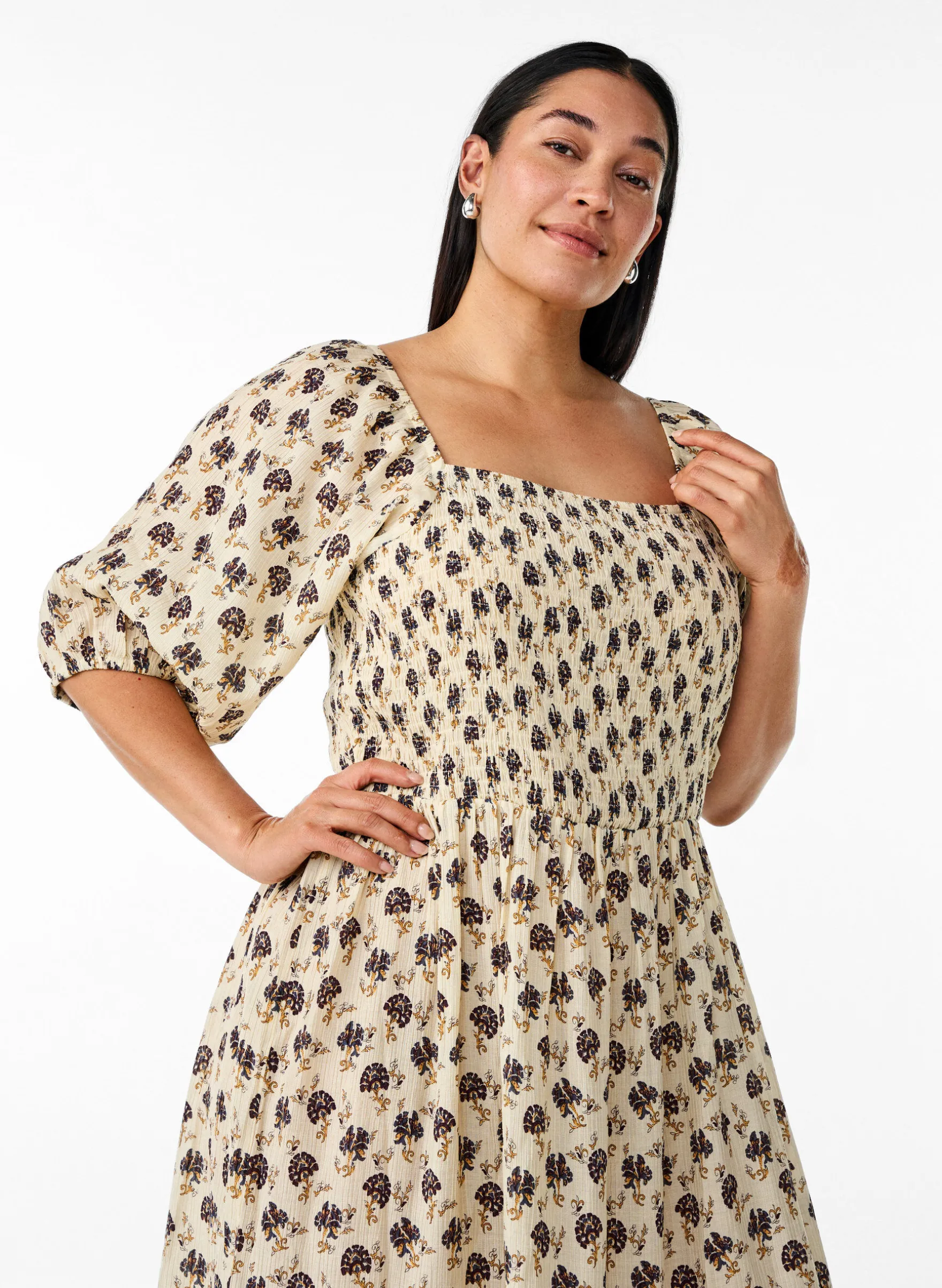 Midikleid mit Print und Smokdetails