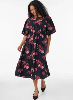 Midikleid mit Rosenprint und kurzen Ballonärmeln