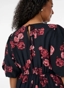 Midikleid mit Rosenprint und kurzen Ballonärmeln
