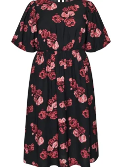 Midikleid mit Rosenprint und kurzen Ballonärmeln