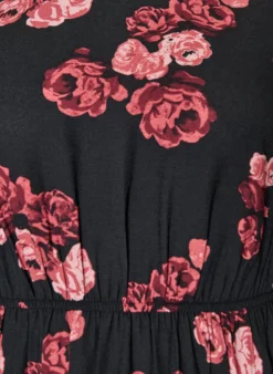 Midikleid mit Rosenprint und kurzen Ballonärmeln
