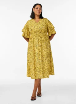 Midikleid mit Smock und Rüschenärmeln