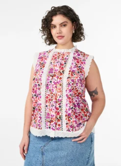 Ärmellose Bluse aus Baumwolle mit Blumenprint und Broderie Anglaise