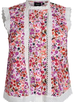 Ärmellose Bluse aus Baumwolle mit Blumenprint und Broderie Anglaise