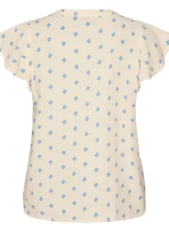 Ärmellose Bluse mit Häkelborte und Rüschendetail