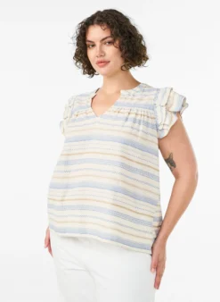 Ärmellose Bluse mit Rüschen und gemusterten Streifen