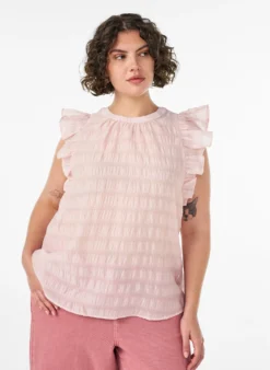 Ärmellose Bluse mit Struktur und Rüschen