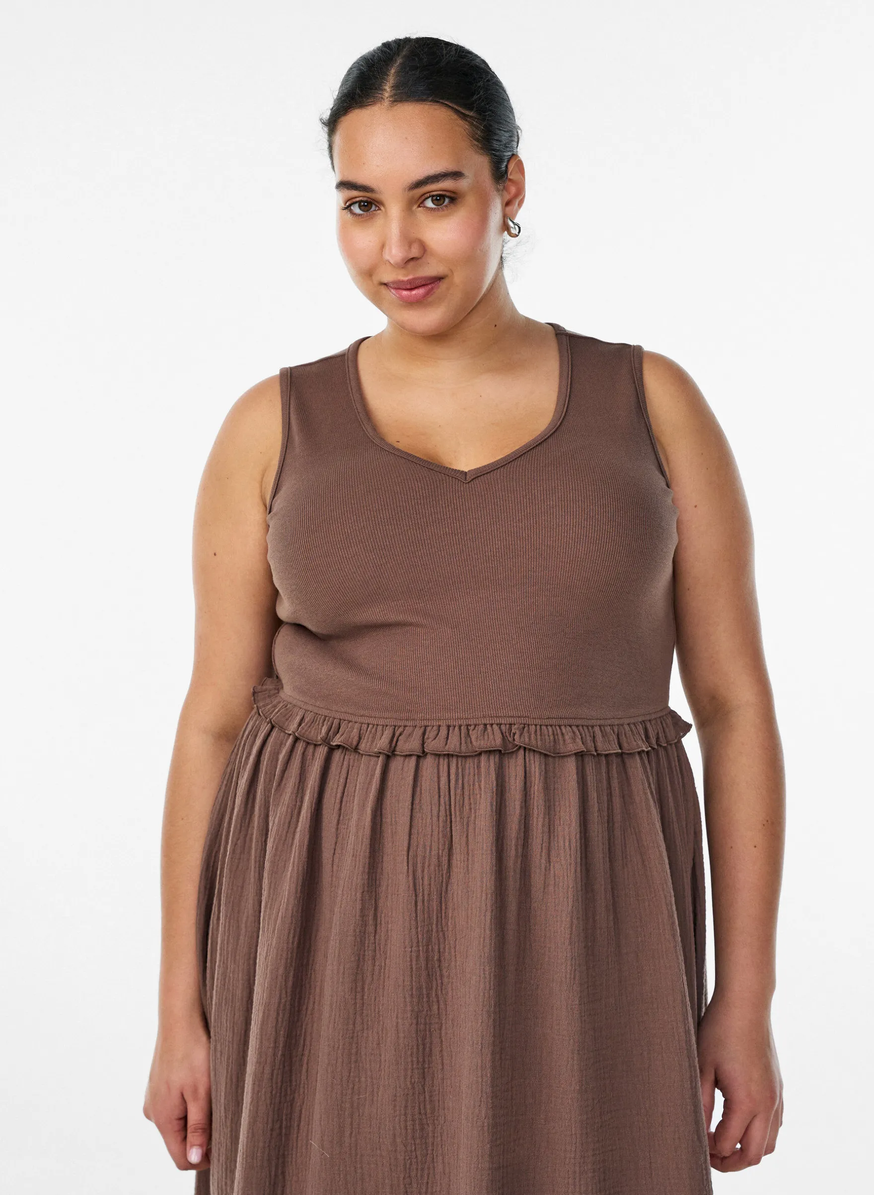 Ärmelloses Midikleid aus Baumwolle mit Ripp und Musselin