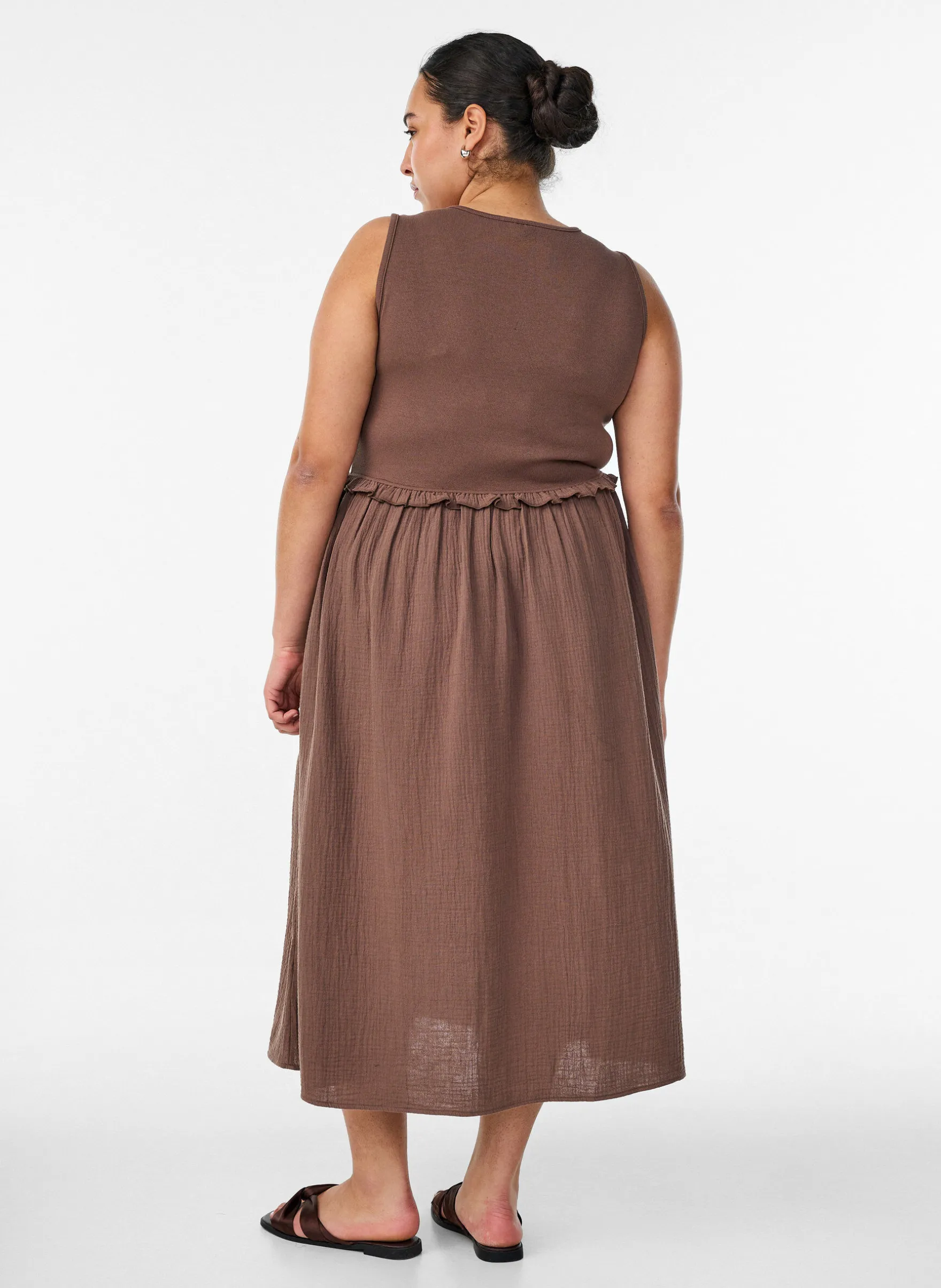 Ärmelloses Midikleid aus Baumwolle mit Ripp und Musselin