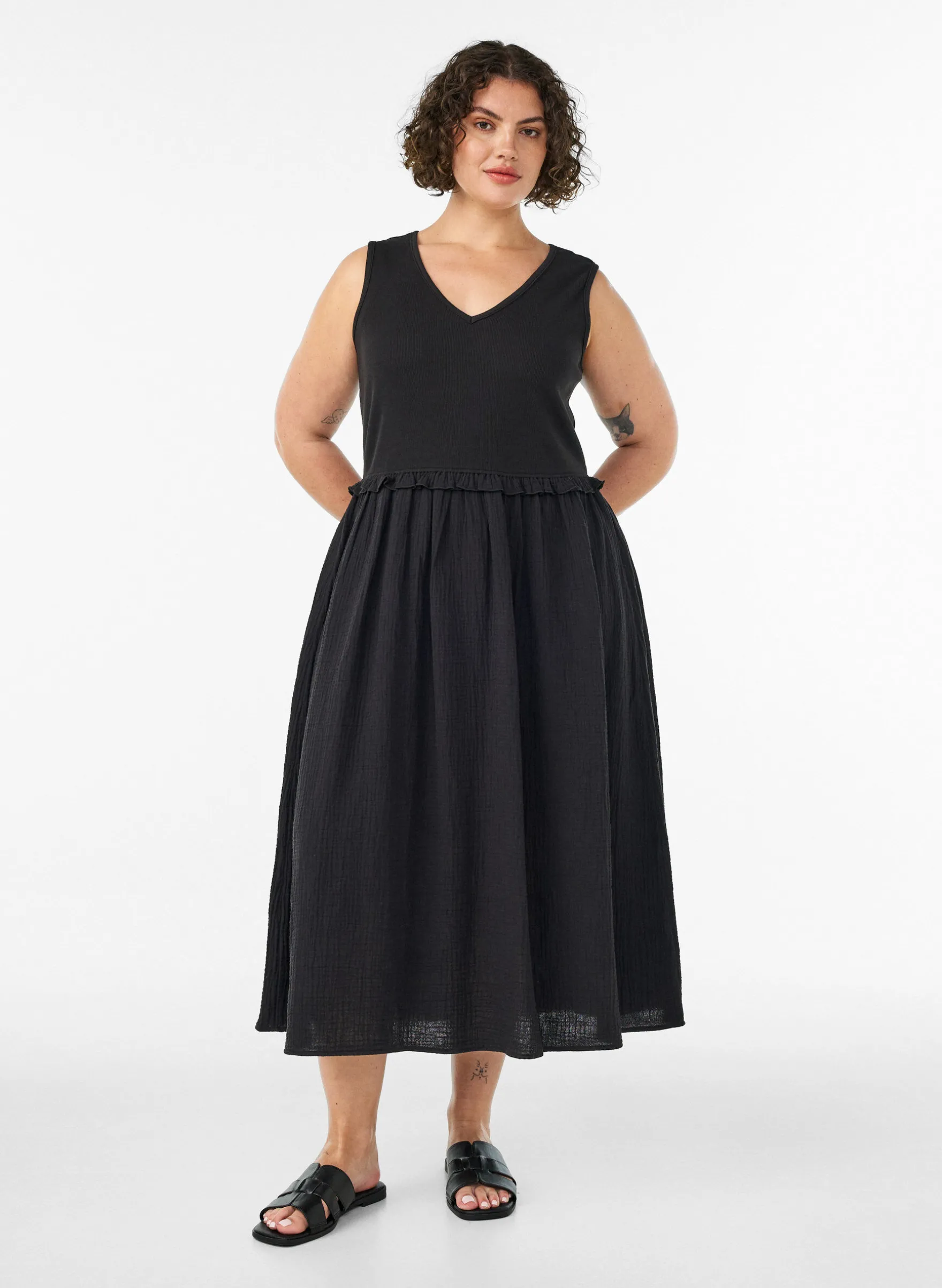 Ärmelloses Midikleid aus Baumwolle mit Ripp und Musselin