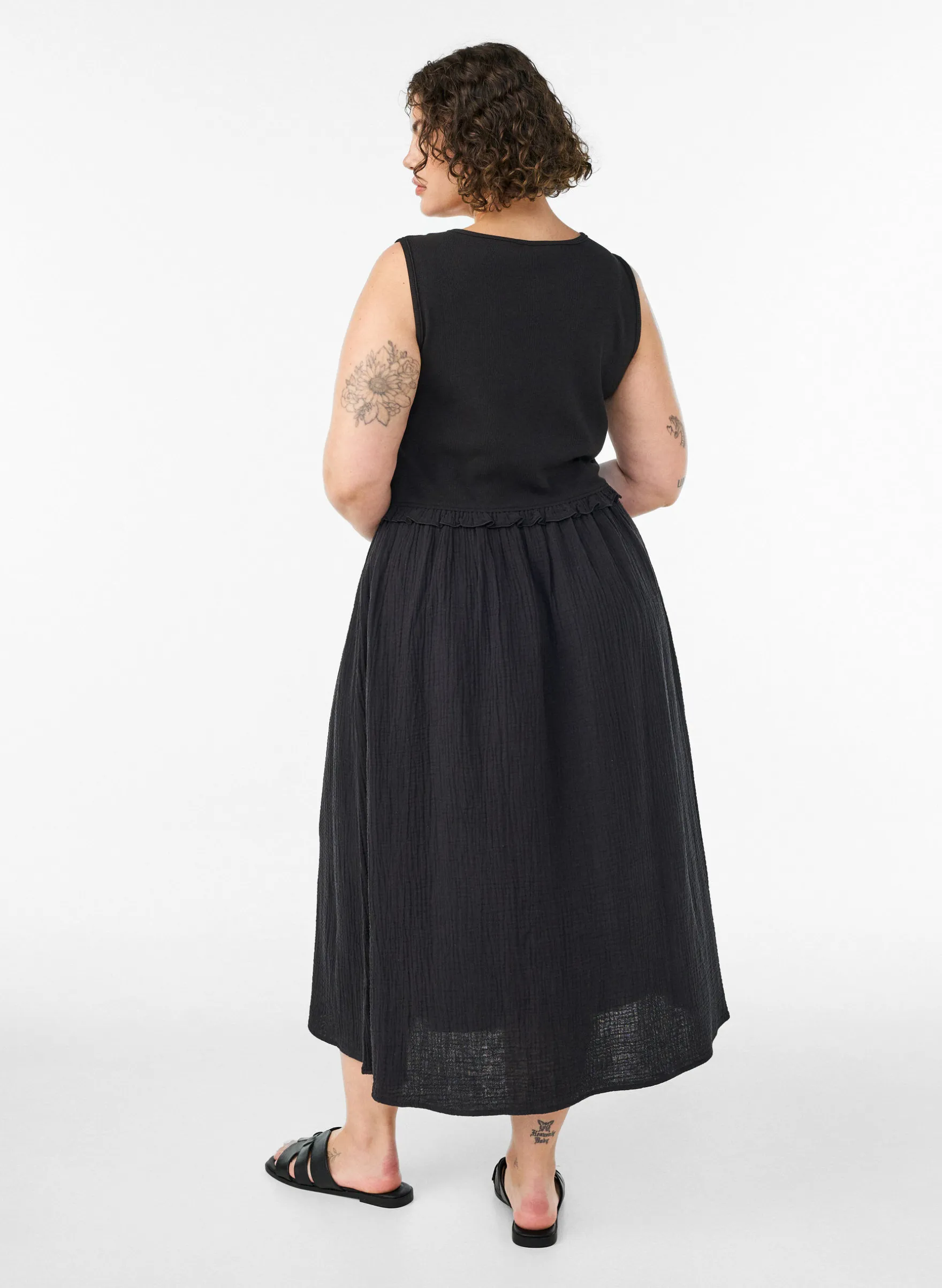 Ärmelloses Midikleid aus Baumwolle mit Ripp und Musselin