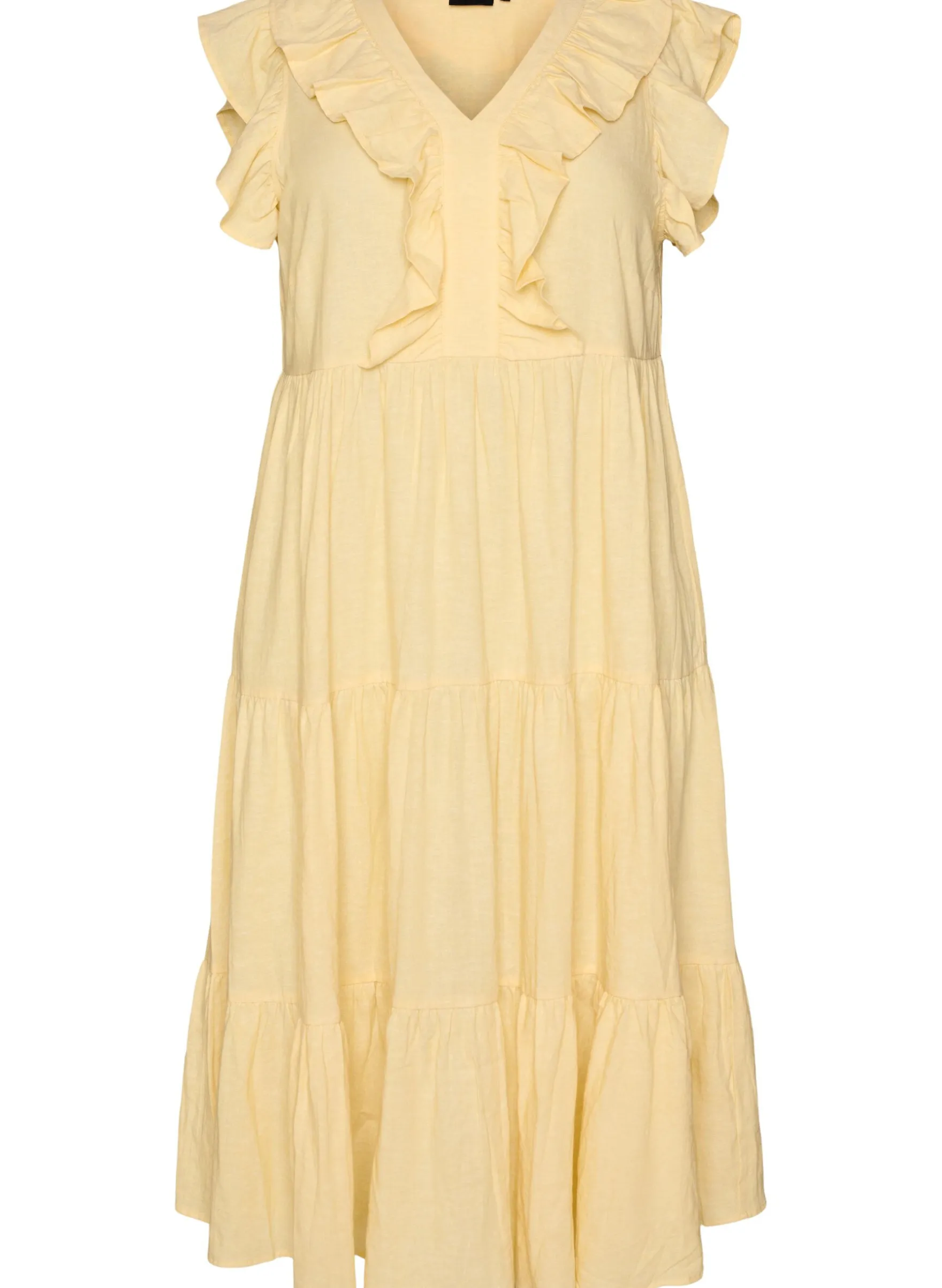 Ärmelloses Midikleid aus Leinen und Viskose mit Rüschen