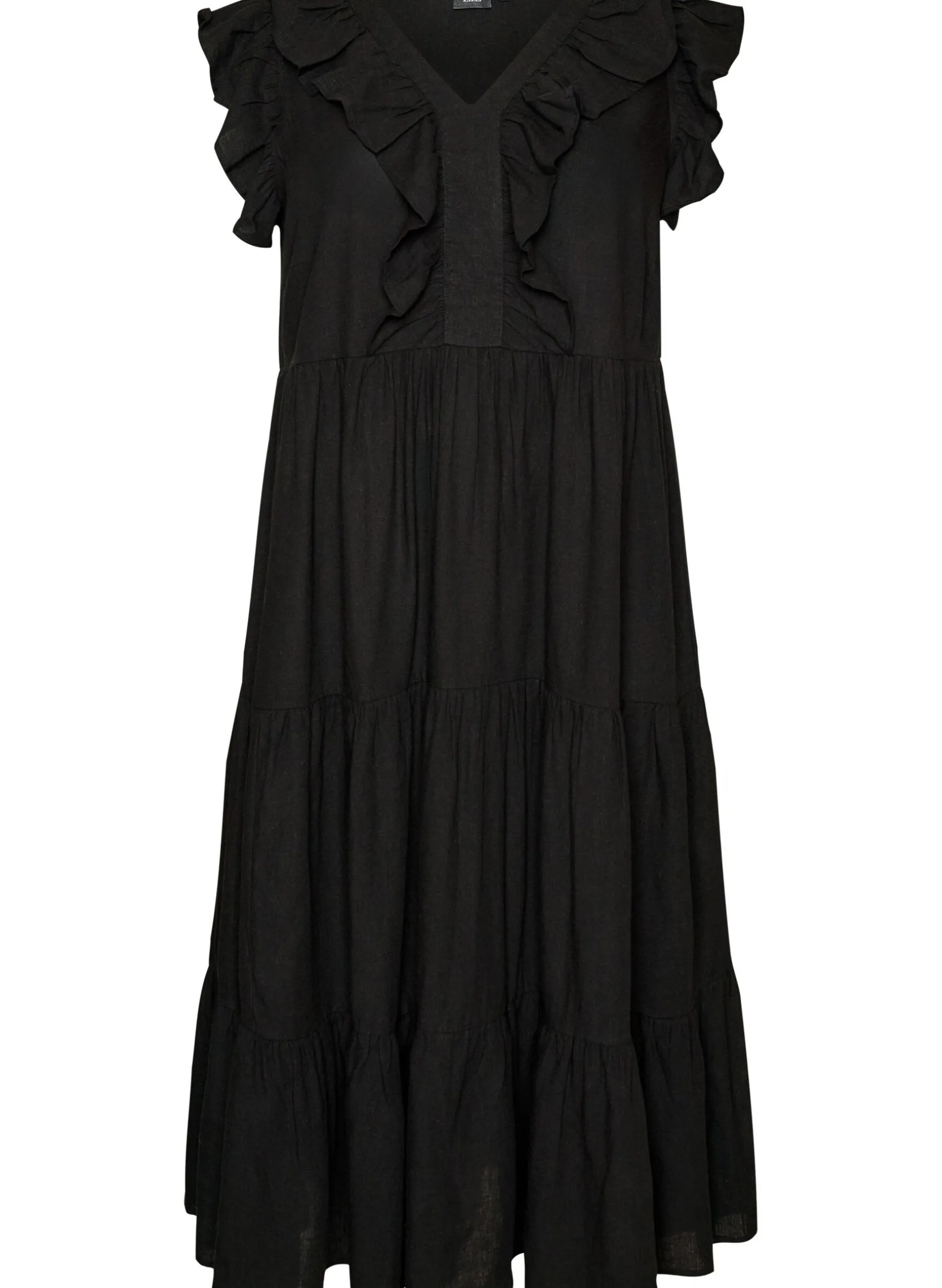 Ärmelloses Midikleid aus Leinen und Viskose mit Rüschen