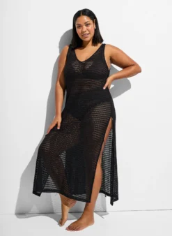 Ärmelloses Strandkleid mit Lochstickerei und Seitenschlitzen