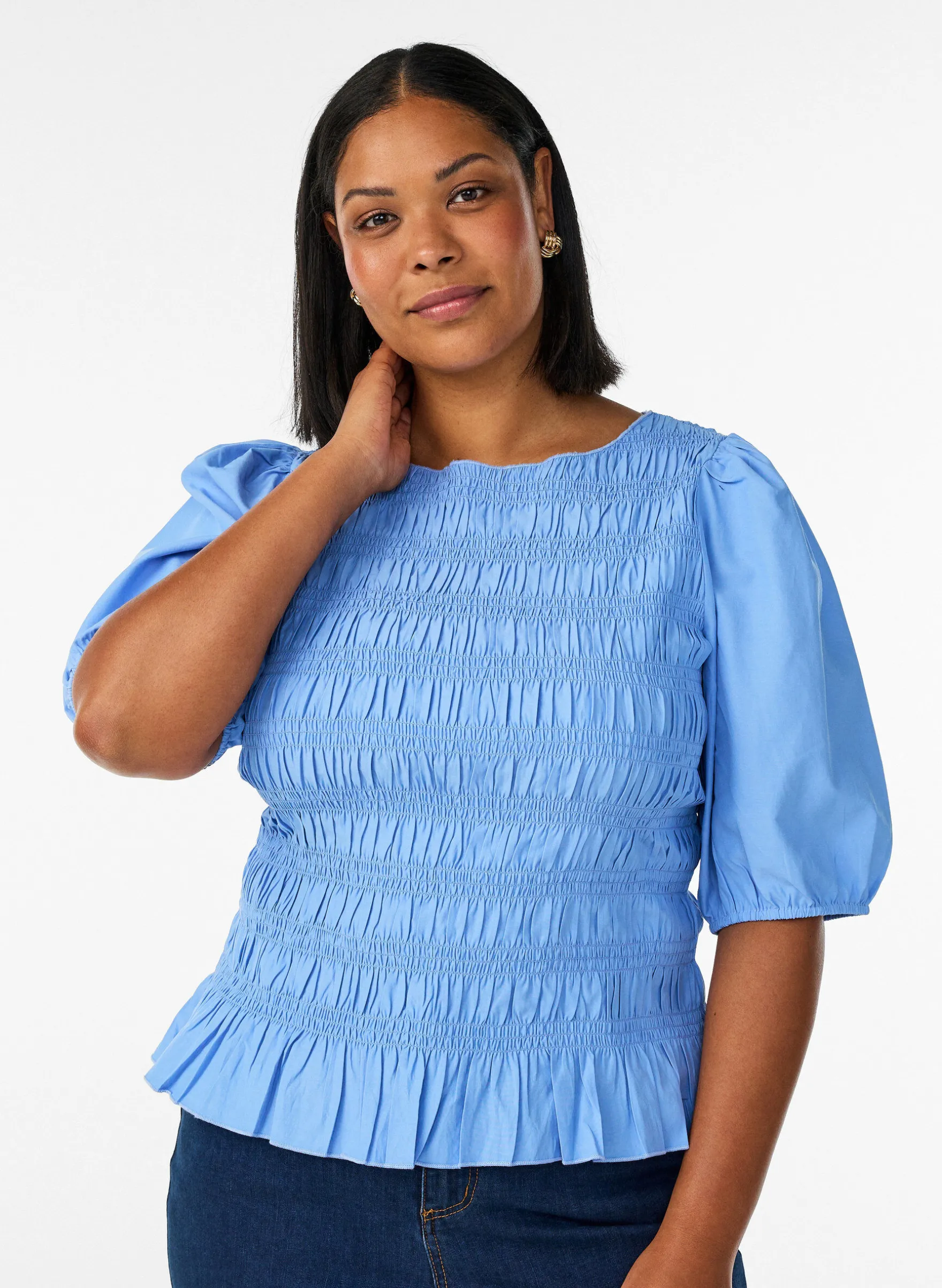 Smockbluse mit Rüschensaum und U-Boot-Ausschnitt