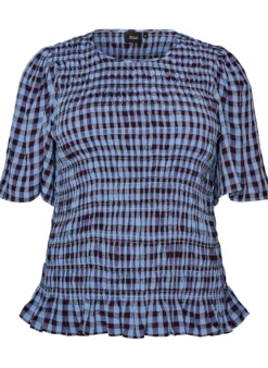 Smockbluse mit Vichy-Karo und Rüschensaum