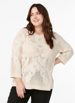 Strickbluse mit Lochmuster und 3/4-Ärmeln